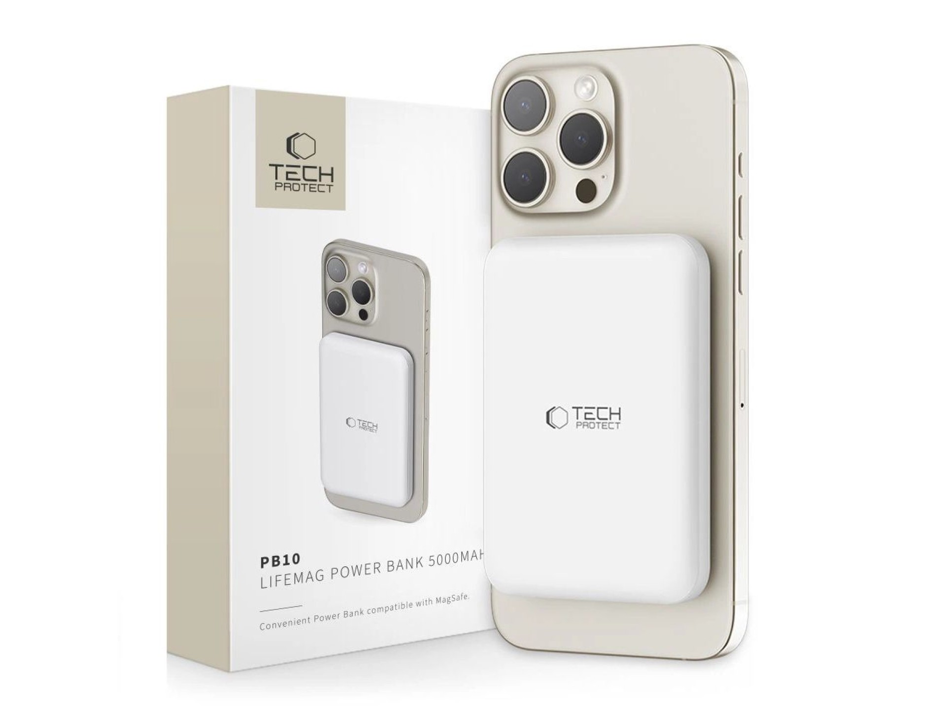 Batería externa Tech-Protect LifeMag PB10 con MagSafe, 5000 mAh, 15 W, puerto USB-C - color blanco +