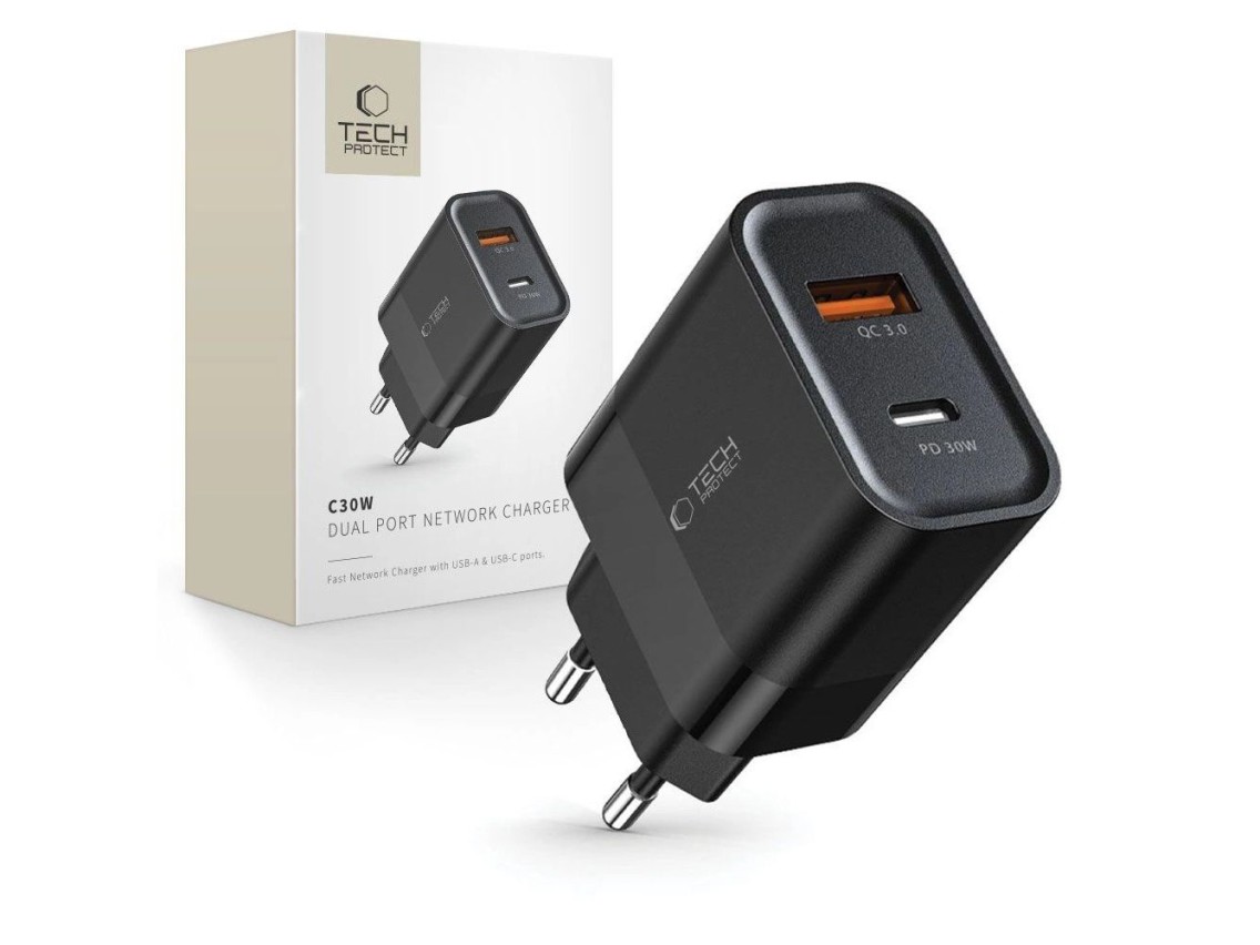 Carregador Tech-Protect C30W USB-C PD 30W / USB-A QC 3.0 - Preto