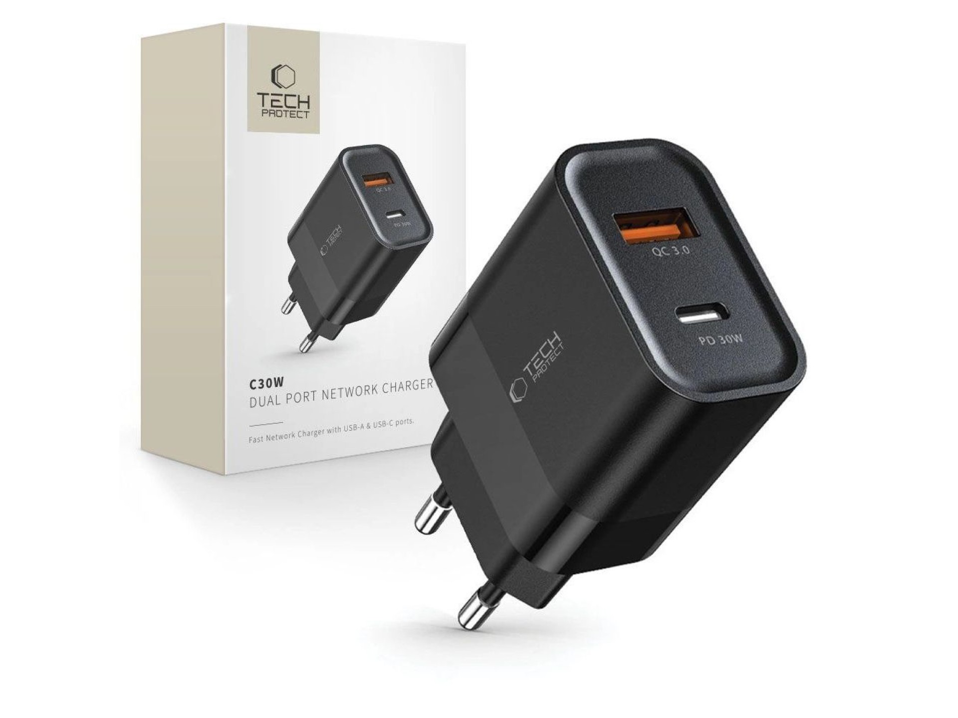 Carregador Tech-Protect C30W USB-C PD 30W / USB-A QC 3.0 - Preto