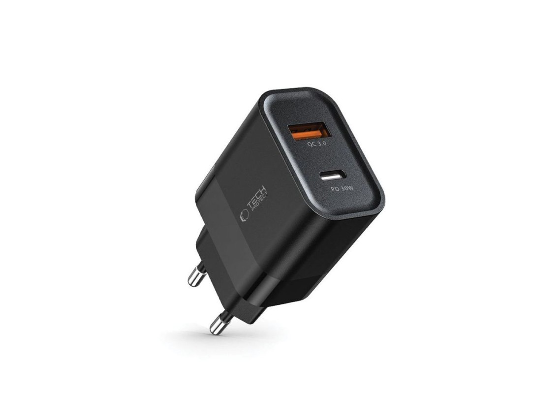 Carregador Tech-Protect C30W USB-C PD 30W / USB-A QC 3.0 - Preto