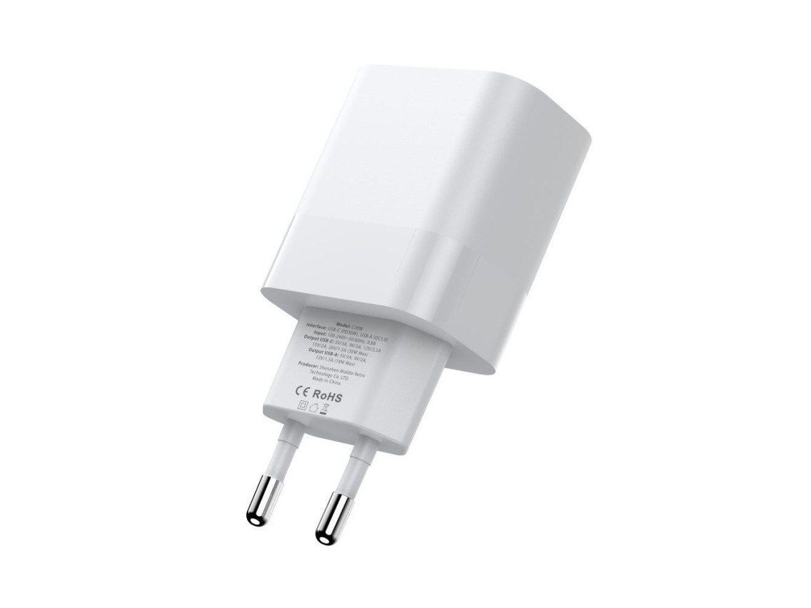 Cargador Tech-Protect C30W USB-C PD 30W / USB-A QC 3.0 - blanco