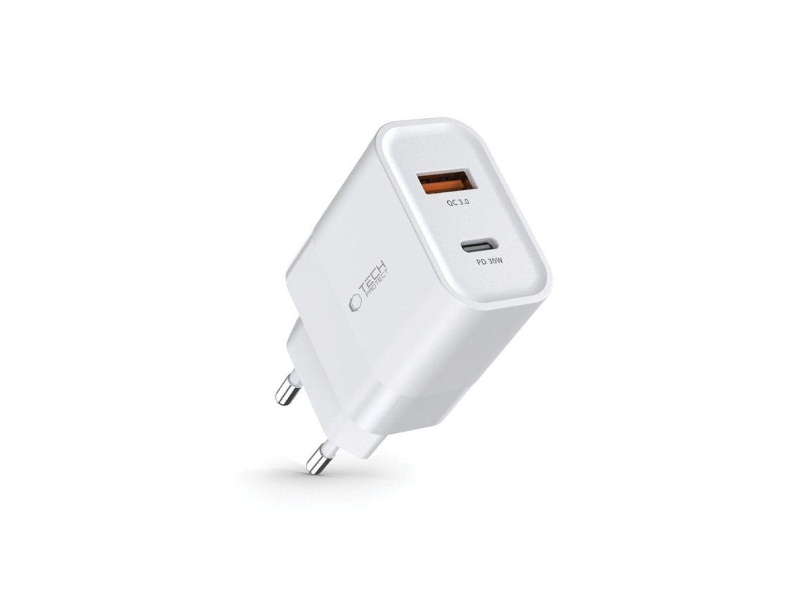 Cargador Tech-Protect C30W USB-C PD 30W / USB-A QC 3.0 - blanco