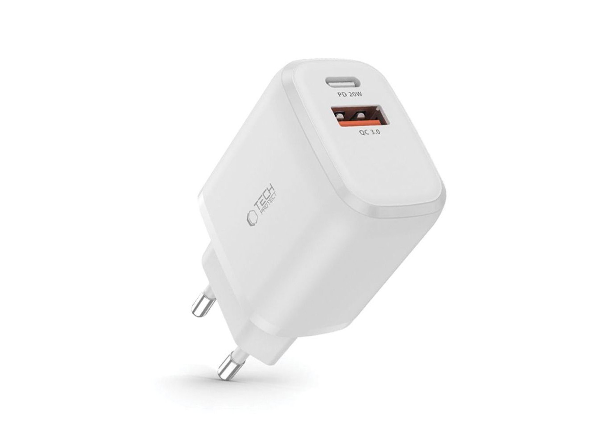 Carregador Tech-Protect C20W USB-C PD 20W / USB-A QC 3.0 - branco