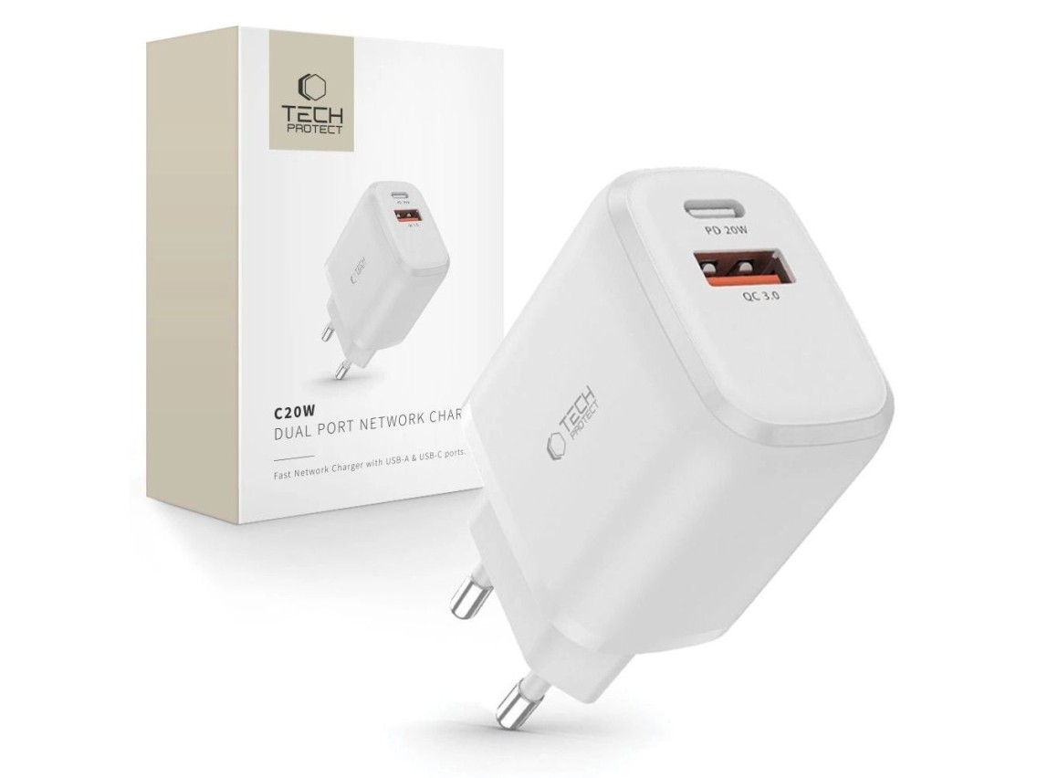 Carregador Tech-Protect C20W USB-C PD 20W / USB-A QC 3.0 - branco