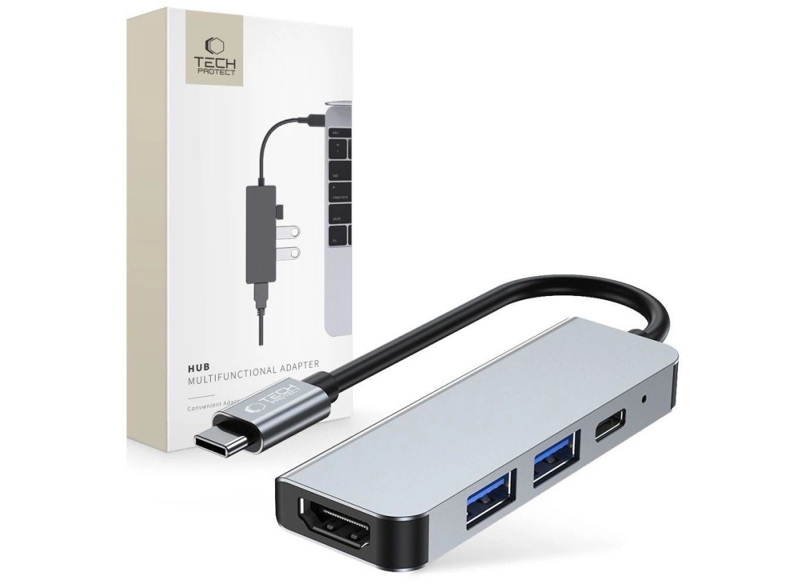 HUB Tech-Protect V2 4 en 1 USB-C - USB-A 3.0 / USB-A 2.0 / USB-C / HDMI - gris