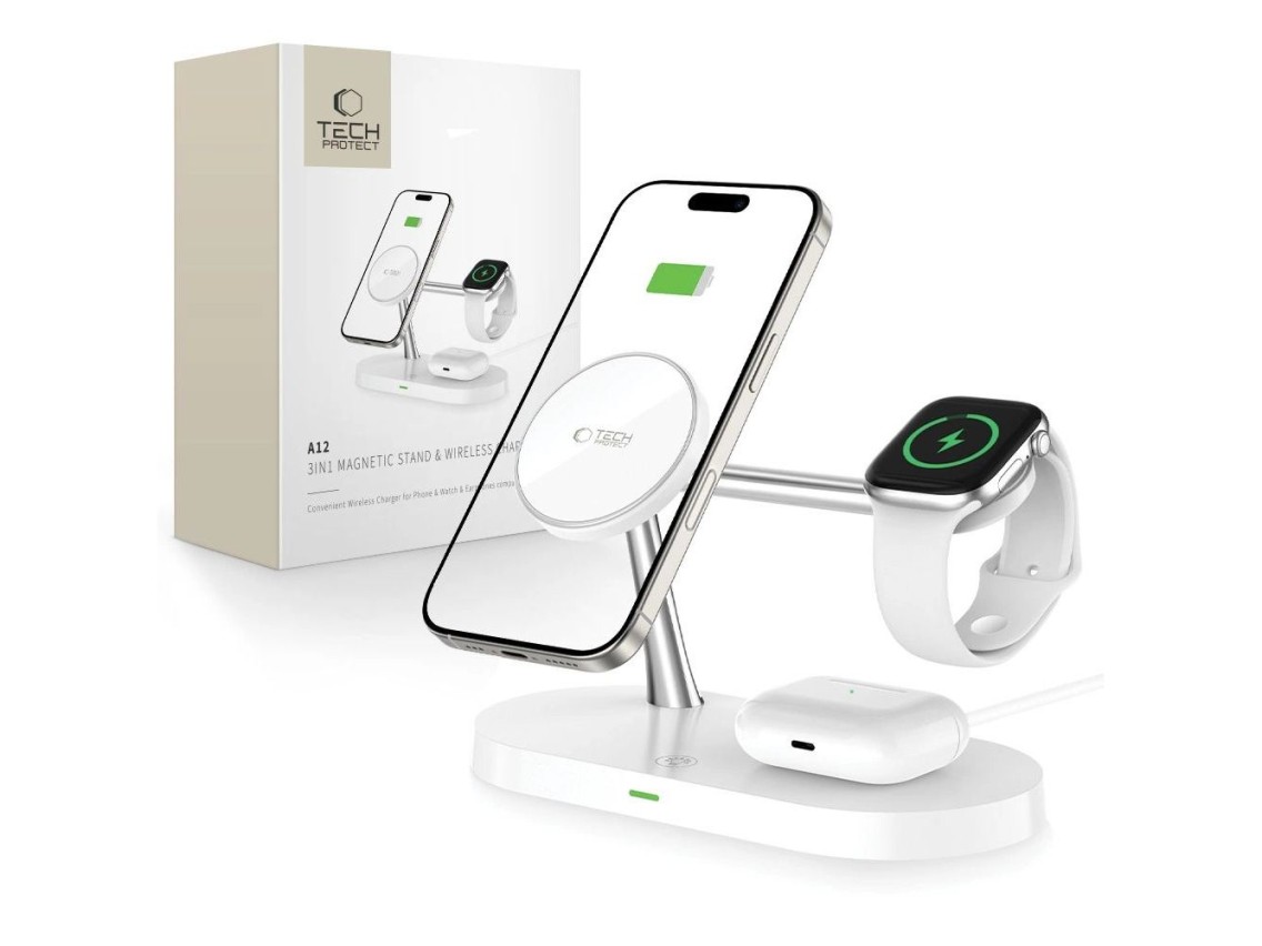 Cargador inductivo Tech-Protect A12 3 en 1 MagSafe para smartphone/auriculares/reloj inteligente - B
