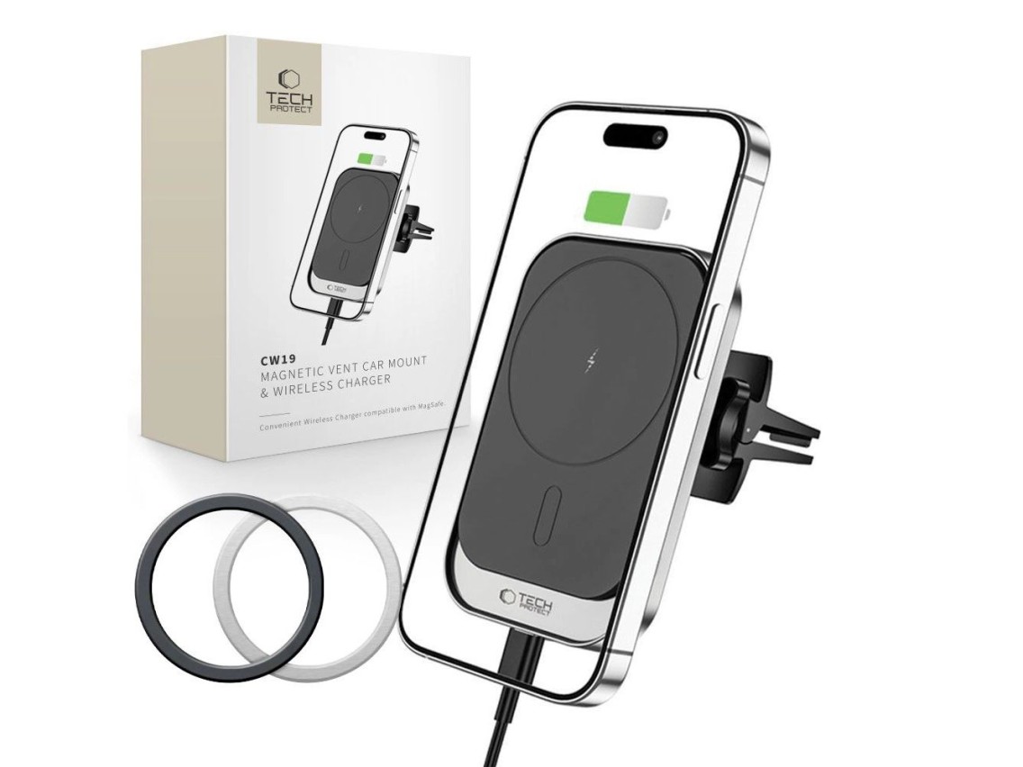 Suporte magnético para carro Tech-Protect CW19 MagSafe com carregador indutivo de 15 W para saída de