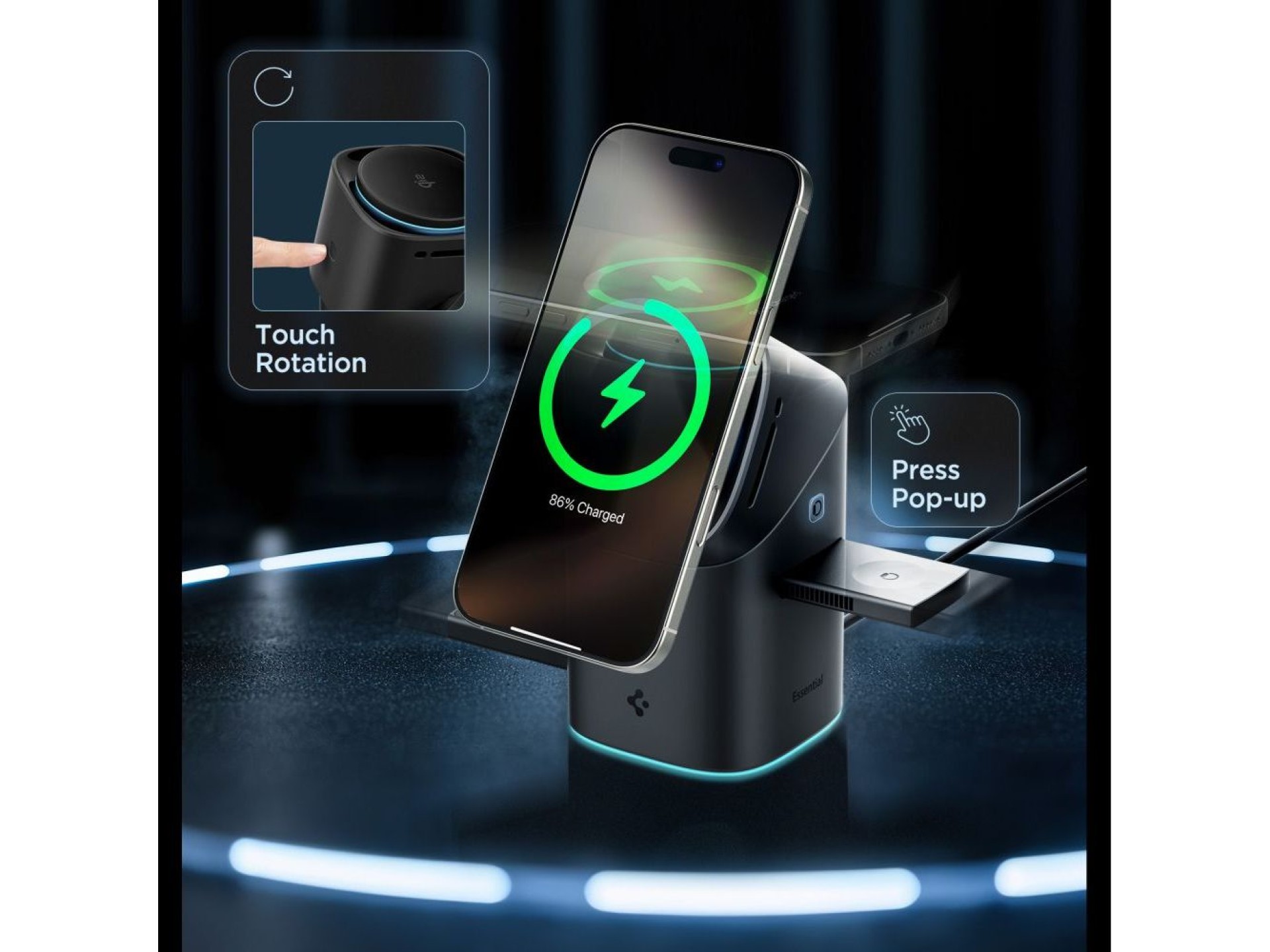 Cargador inalámbrico Spigen Essential EF223MS 3 en 1 QI2 - Negro