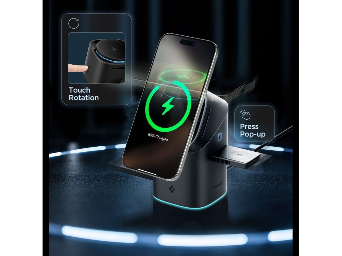 Cargador inalámbrico Spigen Essential EF223MS 3 en 1 QI2 - Negro