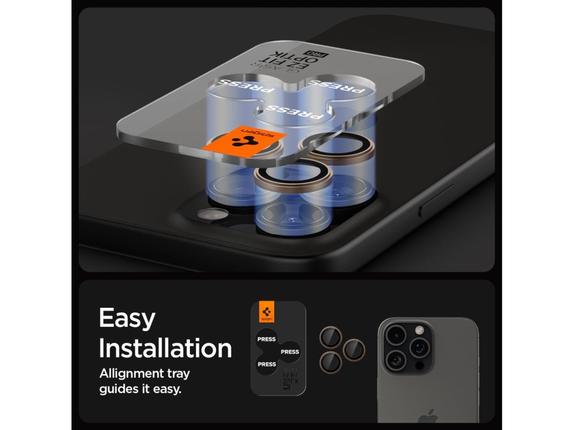 Protector de cámara Spigen Optik Pro GLAS.TR “EZ FIT” (paquete de 2) para iPhone 16 Pro / Pro Max -