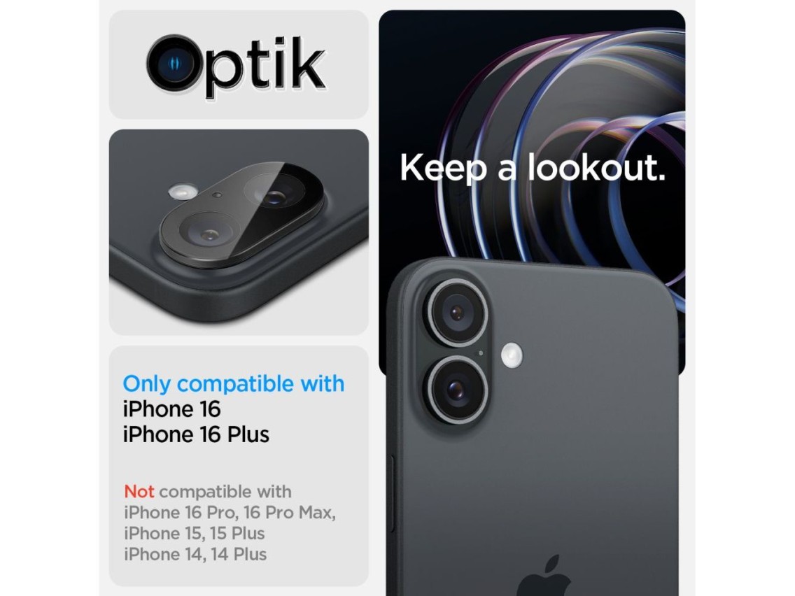 Protector de cámara Spigen Optik GLAS.TR (paquete de 2) para iPhone 16 / 16 PLUS - Negro