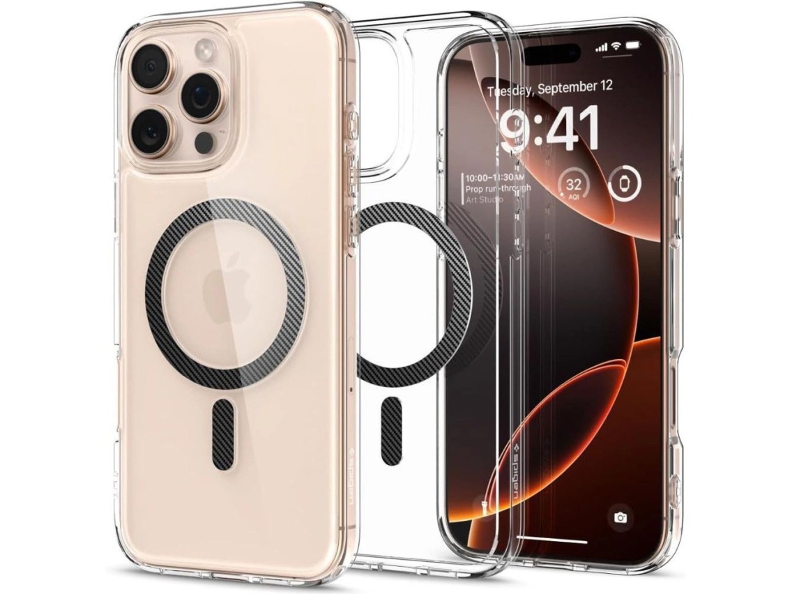 Capa Spigen Ultra Hybrid Mag com MagSafe em fibra de carbono para iPhone 16 Pro Max - Cinza Escuro
