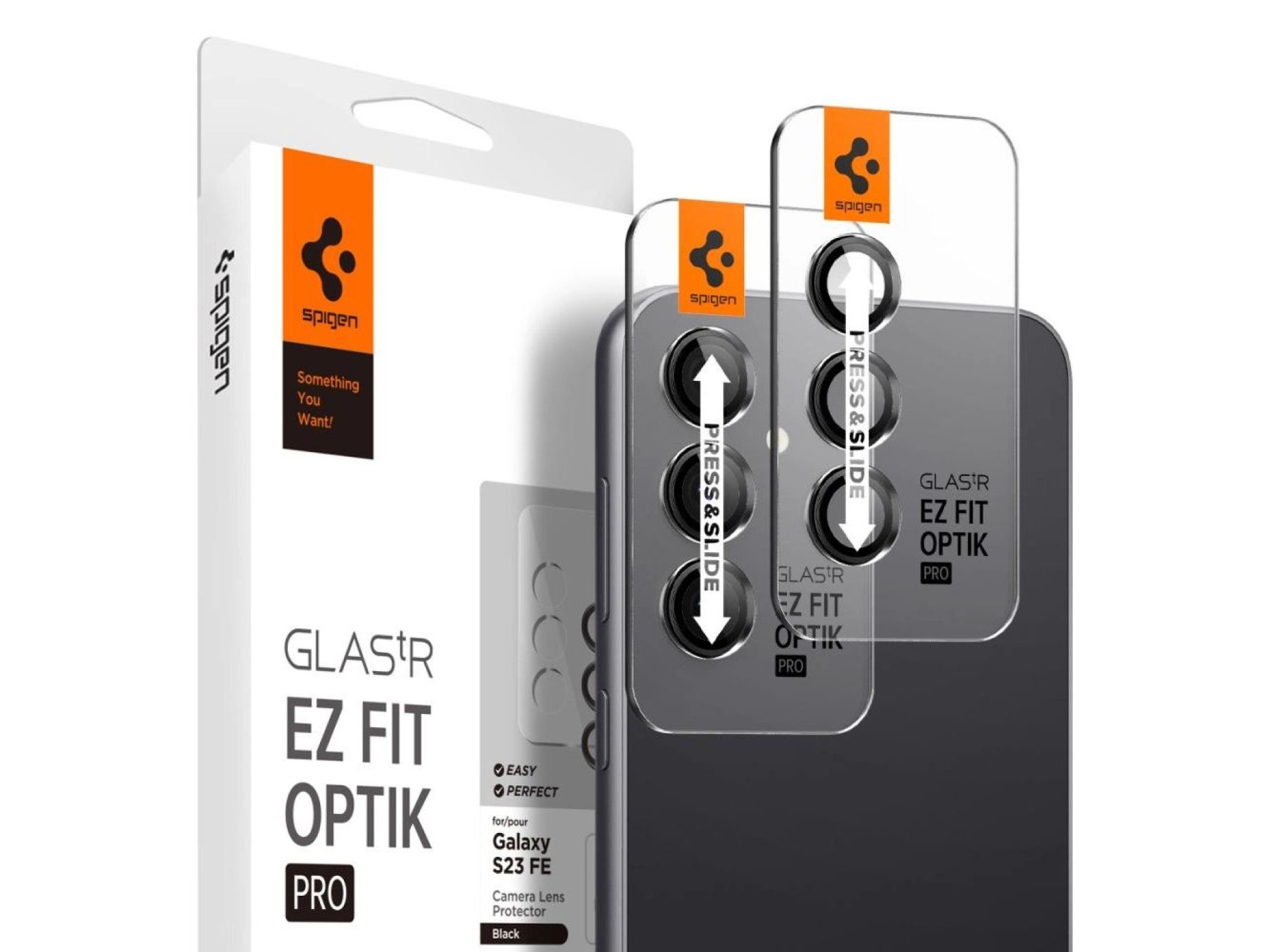 Protector de cámara Spigen Glas.tR EZ Fit Optik para Samsung Galaxy S23 FE - Negro, 2 unidades.