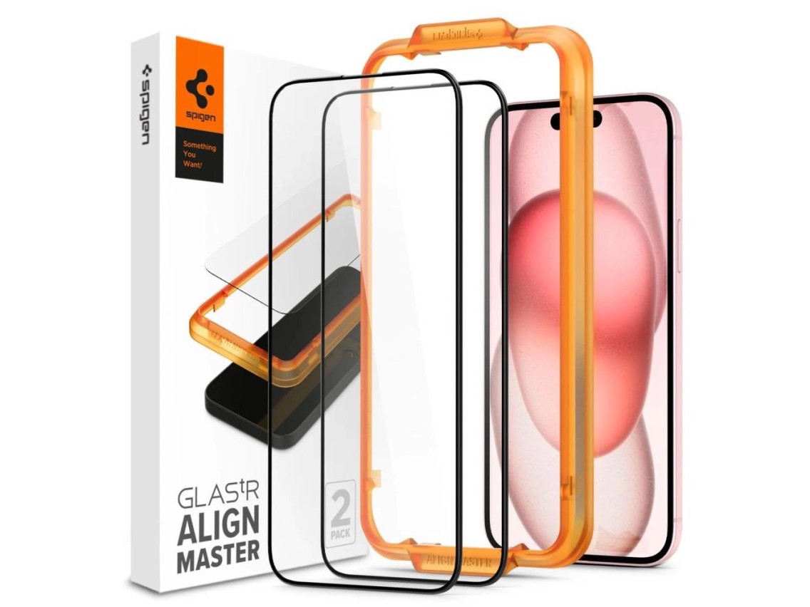Protector de pantalla de vidrio templado Spigen ALM Glass FC para iPhone 15 Plus - negro, 2 unidades