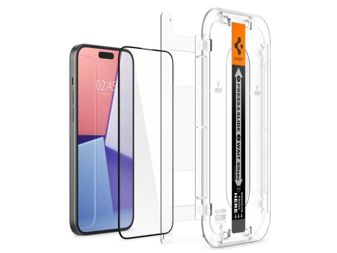 Protector de pantalla de vidrio templado Spigen Glas.tR EZ Fit FC para iPhone 15 Plus - Negro