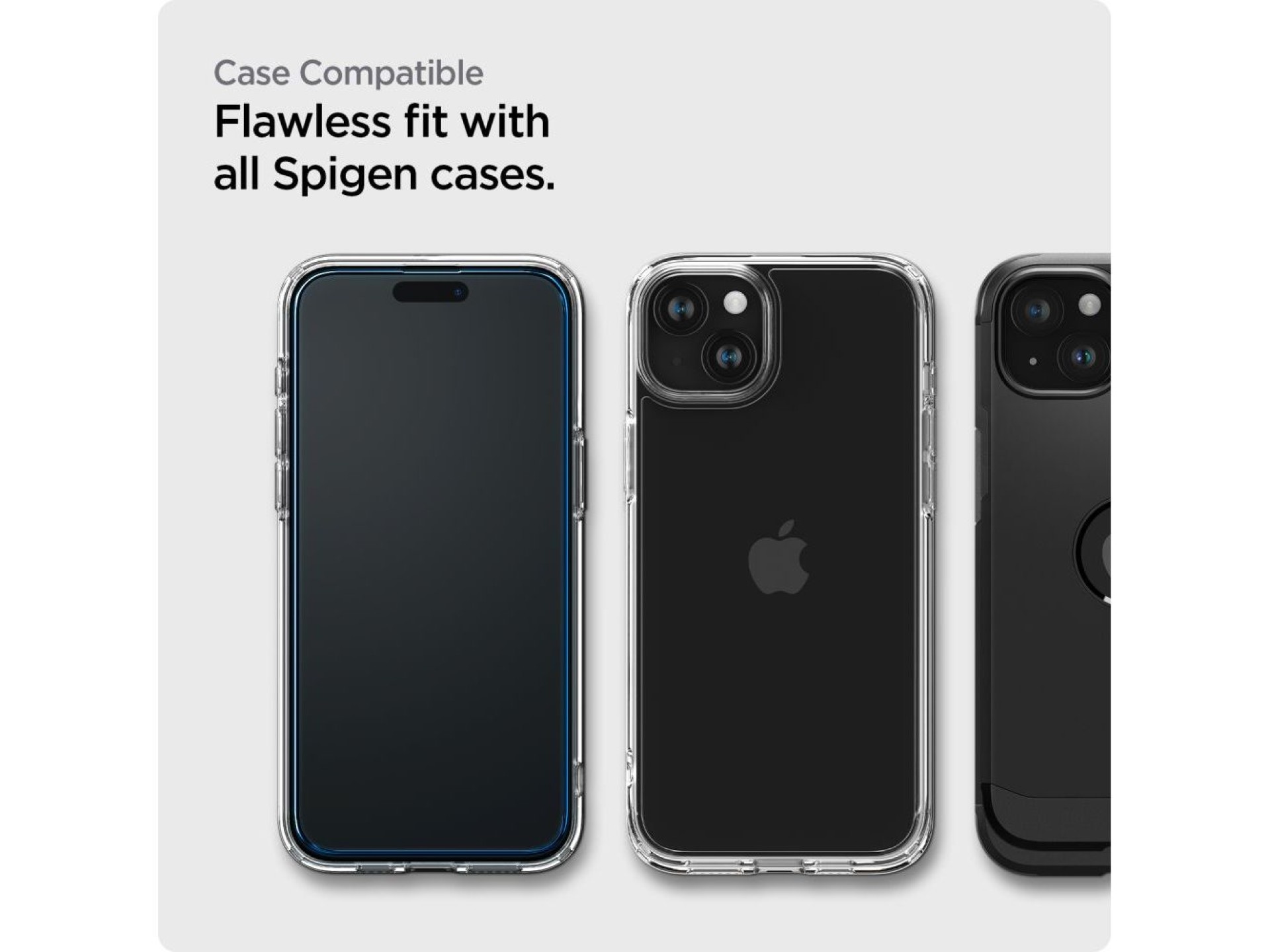 Película de vidro temperado Spigen ALM Glass FC para iPhone 15 - preta, pacote com 2 unidades.