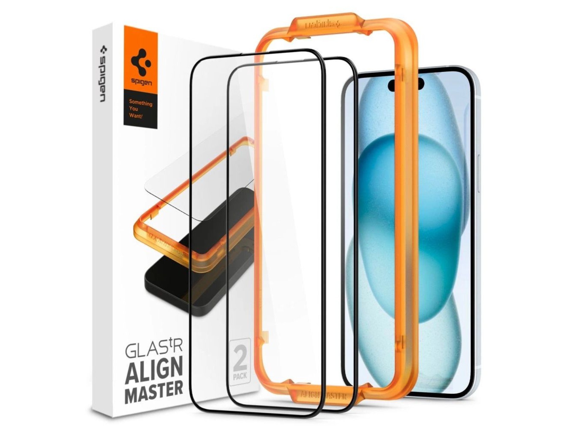 Película de vidro temperado Spigen ALM Glass FC para iPhone 15 - preta, pacote com 2 unidades.