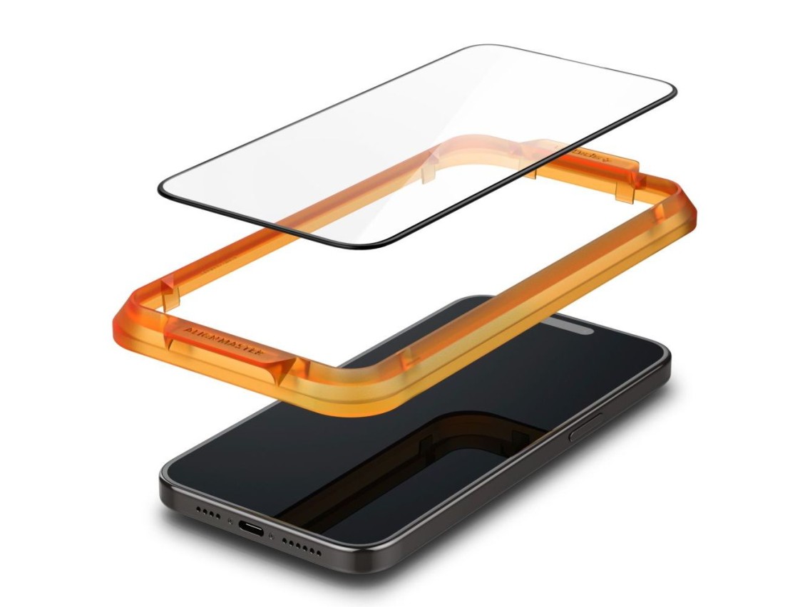 Película de vidro temperado Spigen ALM Glass FC para iPhone 15 - preta, pacote com 2 unidades.
