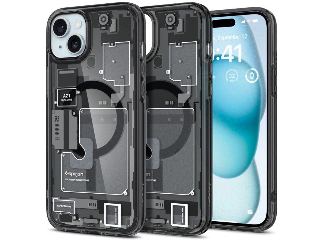 Capa Spigen Ultra Hybrid Mag com MagSafe para iPhone 15 Plus - Cinza Escuro (Estampa Zero One)
