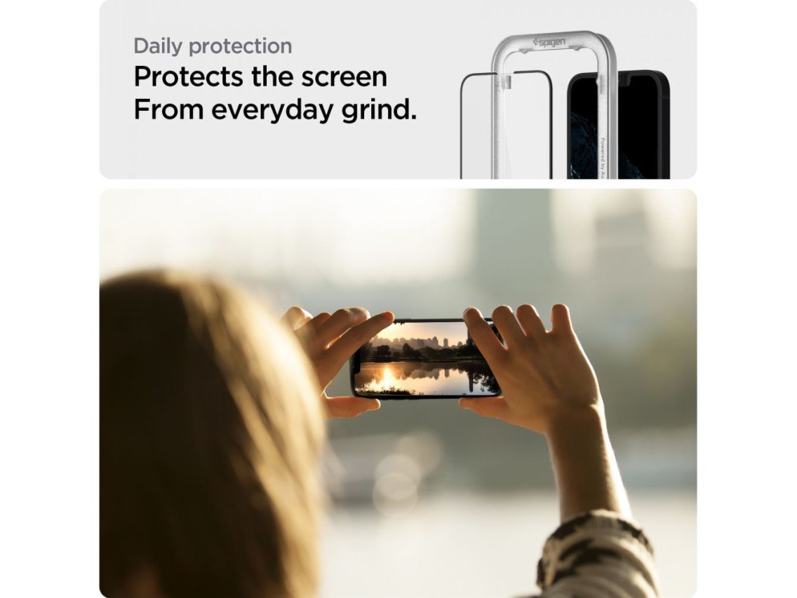 Protector de pantalla de vidrio templado Spigen ALM Glass FC para iPhone 13 / 13 Pro / 14 - Negro
