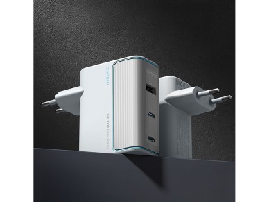 Carregador de parede Cuktech AD1003EU 100W GaN com 2 portas USB-C e USB-A e cabo incluso - Branco