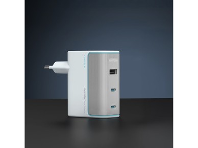 Carregador de parede Cuktech AD1003EU 100W GaN com 2 portas USB-C e USB-A e cabo incluso - Branco