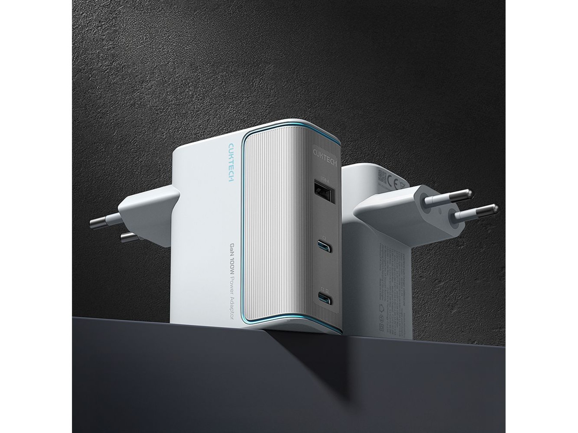 Carregador de parede Cuktech AD1003EU 100W GaN com 2 portas USB-C e USB-A e cabo incluso - Branco