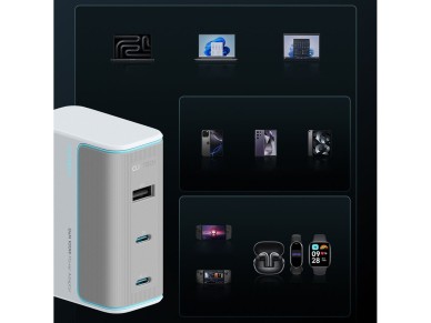 Carregador de parede Cuktech AD1003EU 100W GaN com 2 portas USB-C e USB-A e cabo incluso - Branco