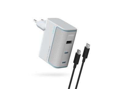 Carregador de parede Cuktech AD1003EU 100W GaN com 2 portas USB-C e USB-A e cabo incluso - Branco