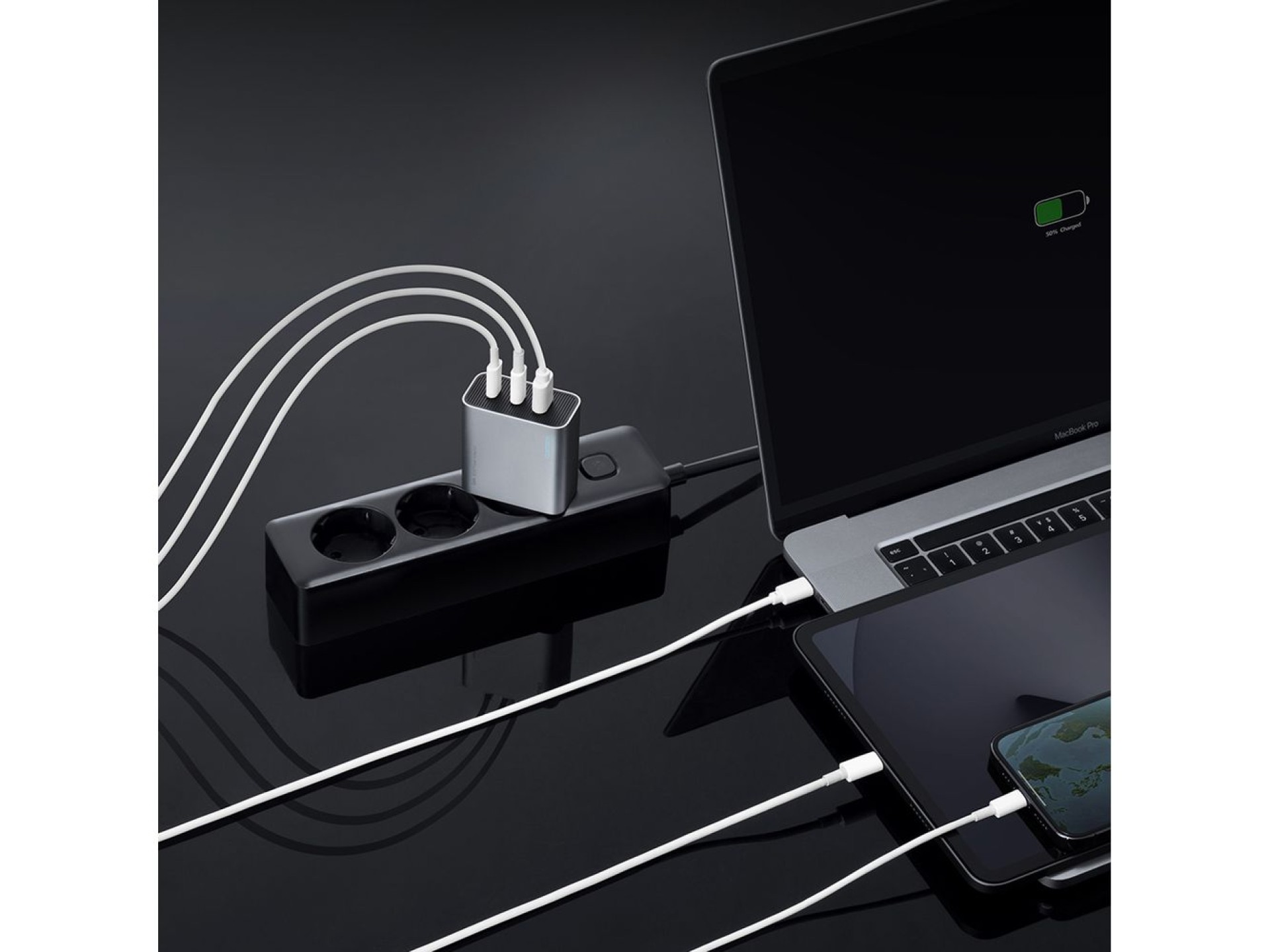 Cargador de pared Cuktech de 65 W GaN con 2 puertos USB-C y 1 puerto USB-A - Gris
