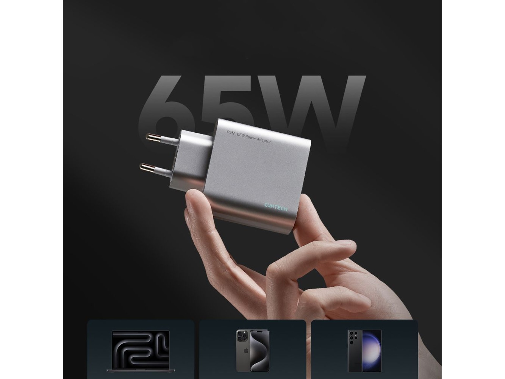 Cargador de pared Cuktech de 65 W GaN con 2 puertos USB-C y 1 puerto USB-A - Gris