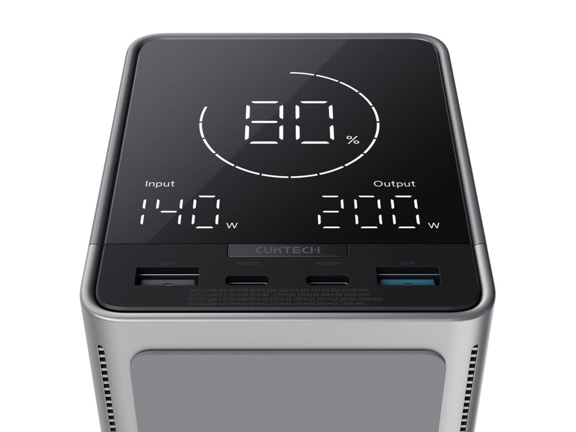 Powerbank Cuktech 300W 40000mAh com carregamento sem fio 2x USB-C + 2x USB-A - Preto