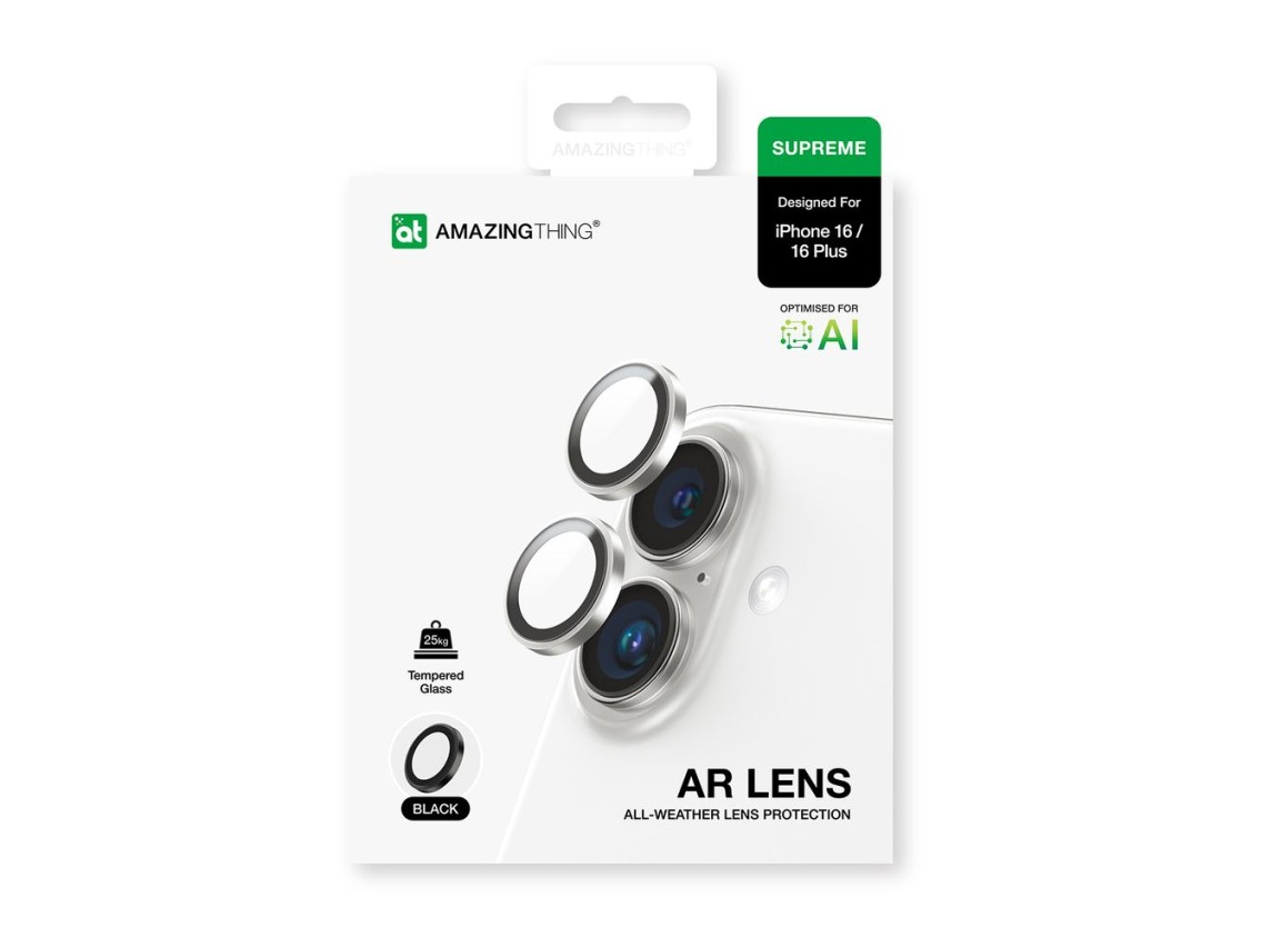 AmazingThing AR Aluminum 2 Lens Glass con marco para lente de cámara para iPhone 16 / 16 Plus - Negr