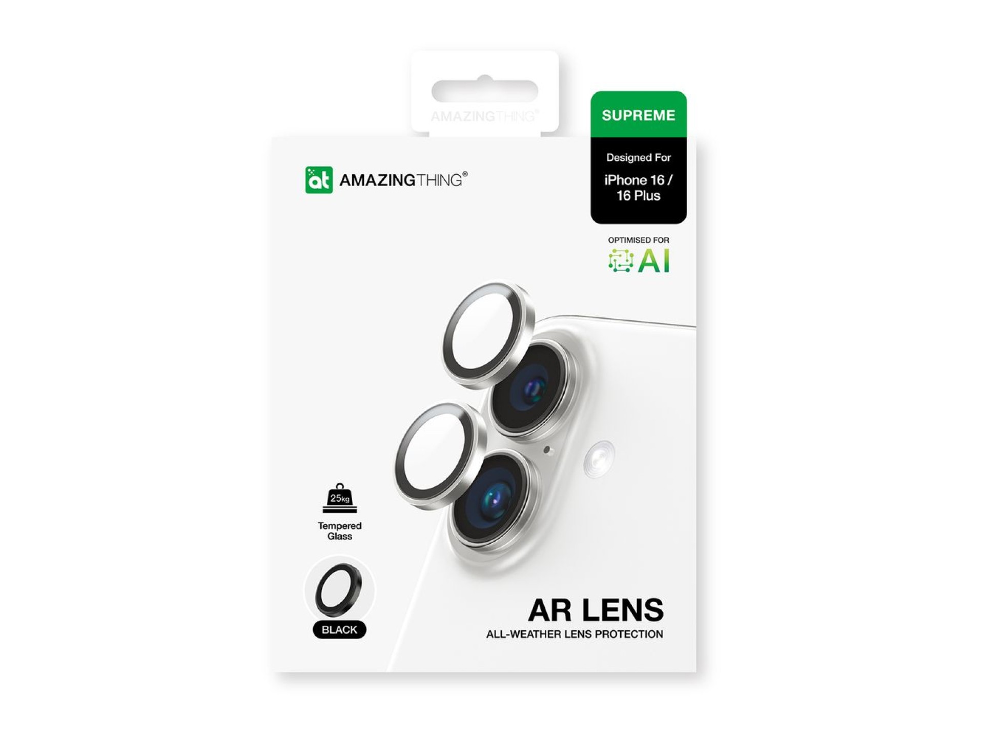 AmazingThing AR Aluminum 2 Lens Glass con marco para lente de cámara para iPhone 16 / 16 Plus - Negr