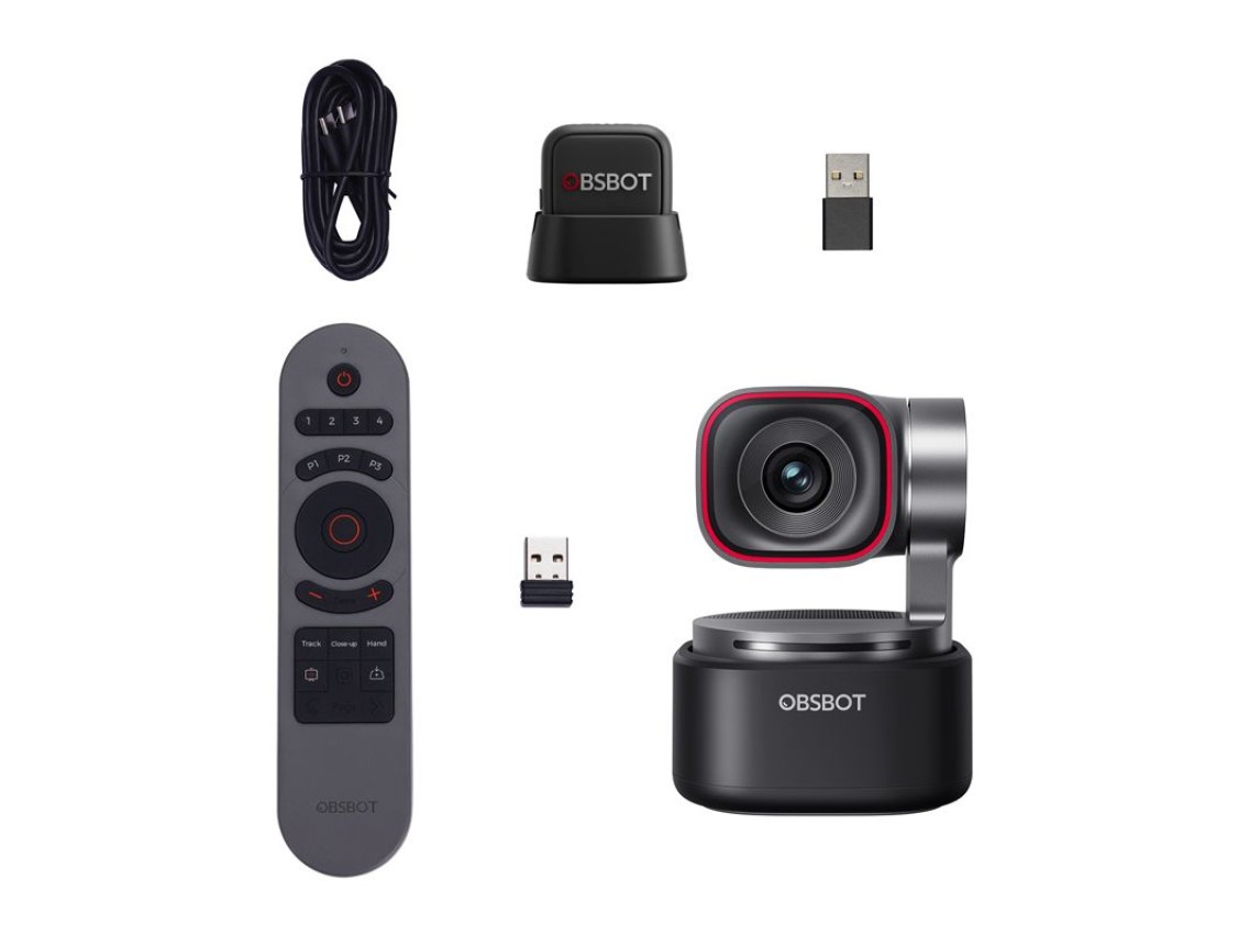 Webcam OBSBOT Tiny 3 Lite com controle remoto e microfone.