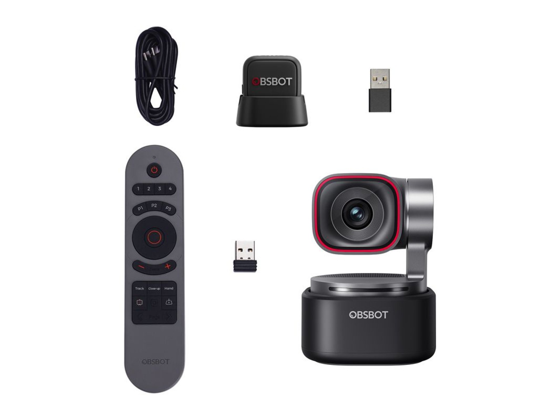 Webcam OBSBOT Tiny 3 Lite com controle remoto e microfone.