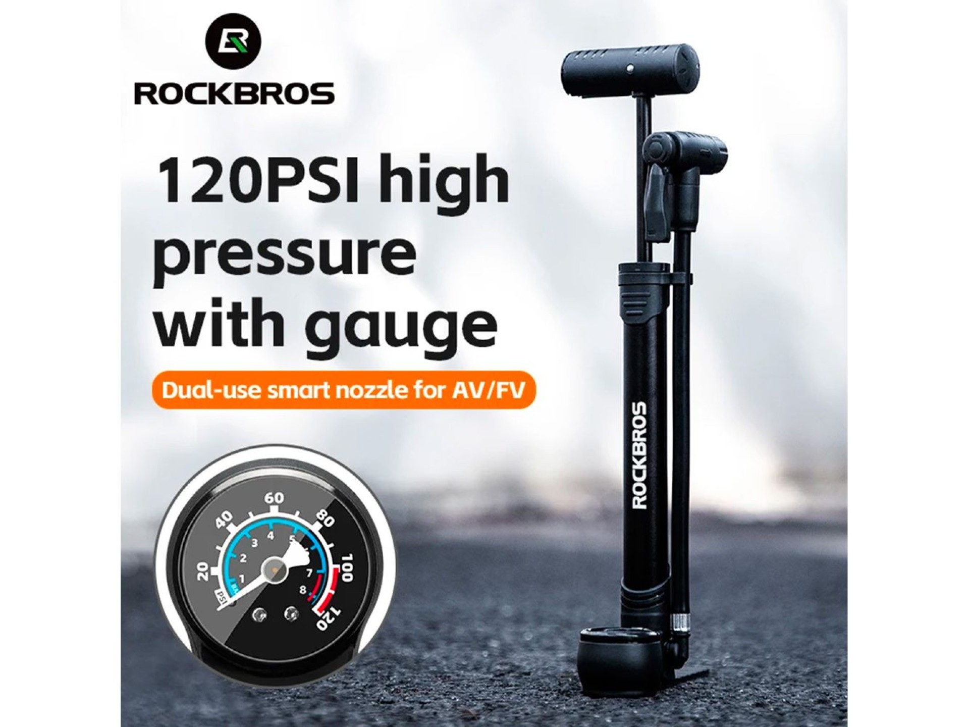 Rockbros 42310006001 bicycle pump with pressure gauge - black