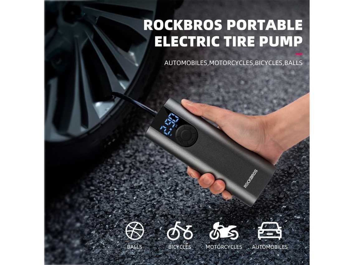 Rockbros 42720001001 Electric Bike Pump with LED Display + USB-C - USB-A Cable - Black