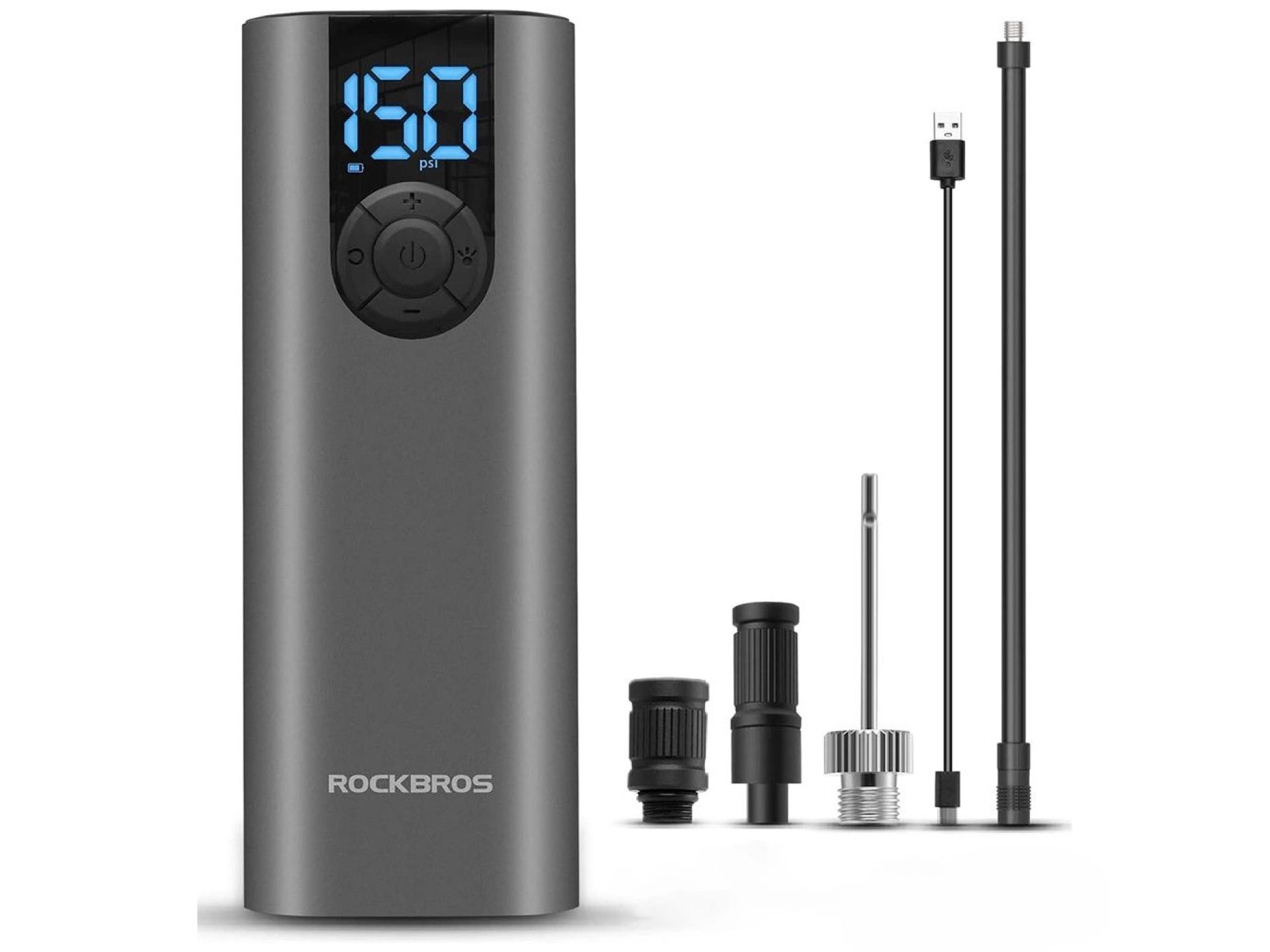 Rockbros 42720001001 Electric Bike Pump with LED Display + USB-C - USB-A Cable - Black