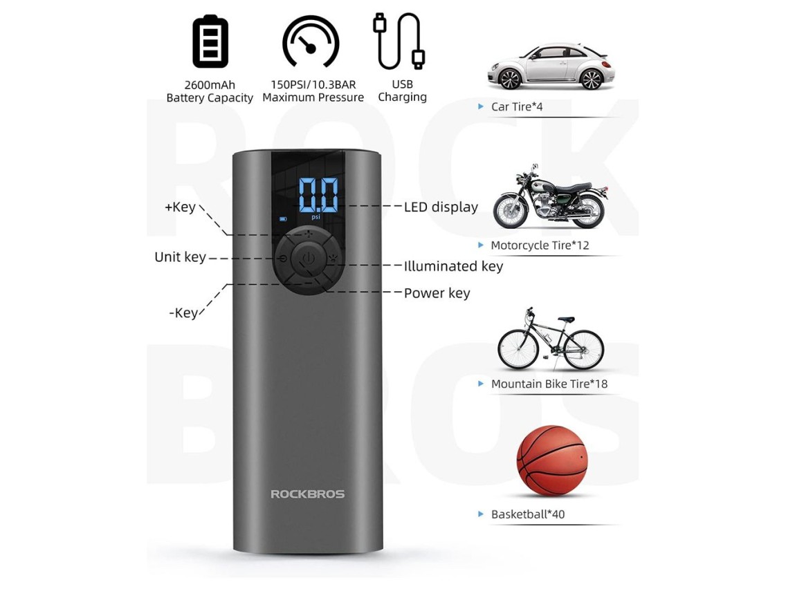 Rockbros 42720001001 Electric Bike Pump with LED Display + USB-C - USB-A Cable - Black