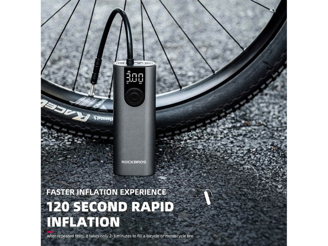 Rockbros 42720001001 Electric Bike Pump with LED Display + USB-C - USB-A Cable - Black