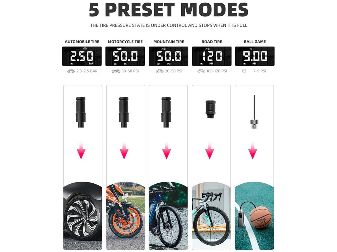 Rockbros 42720001001 Electric Bike Pump with LED Display + USB-C - USB-A Cable - Black