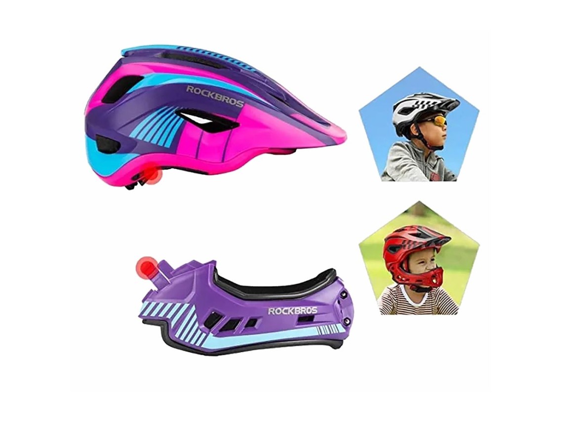 Rockbros TT-32SBPP-S children's bicycle helmet with detachable chinbar, size S - purple-pink