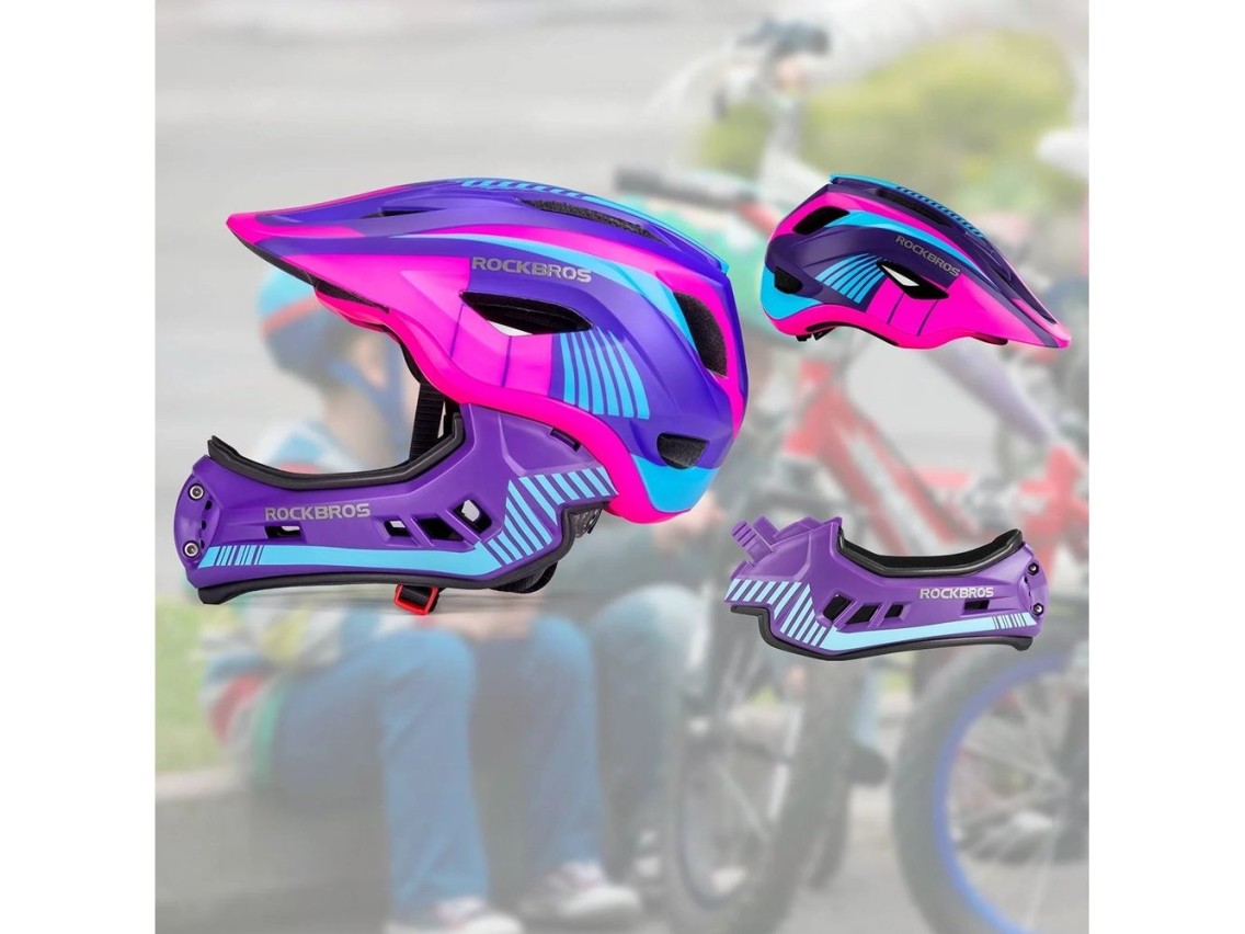 Capacete infantil para bicicleta Rockbros TT-32SBPP-M com queixeira removível, tamanho M - rosa-roxo
