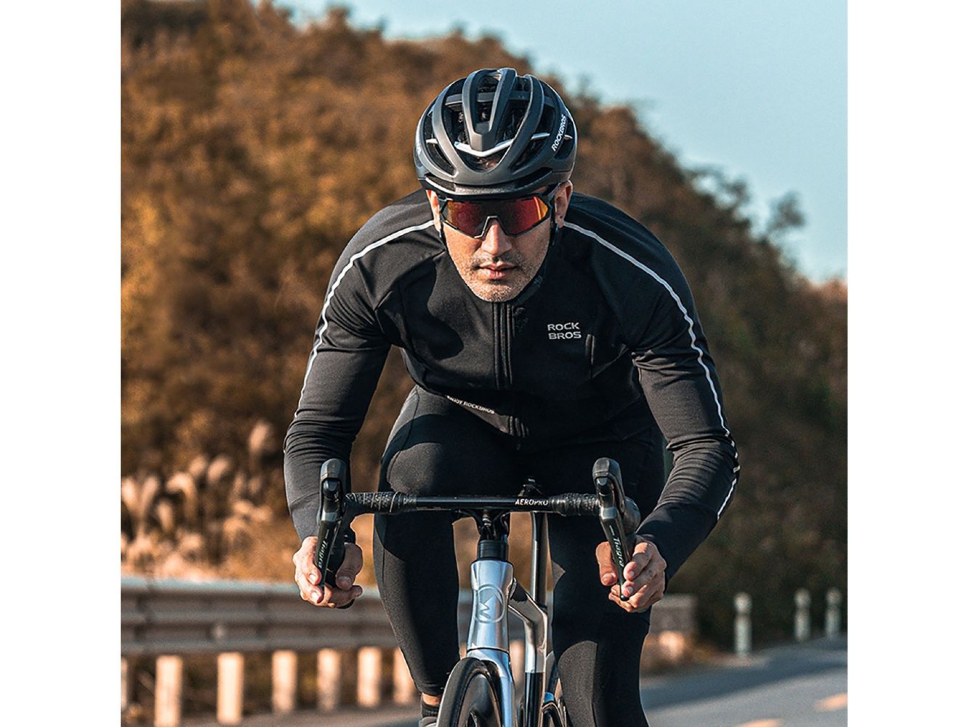 Jaqueta de ciclismo de manga comprida Rockbros Outono/Inverno, tamanho XL - Preta