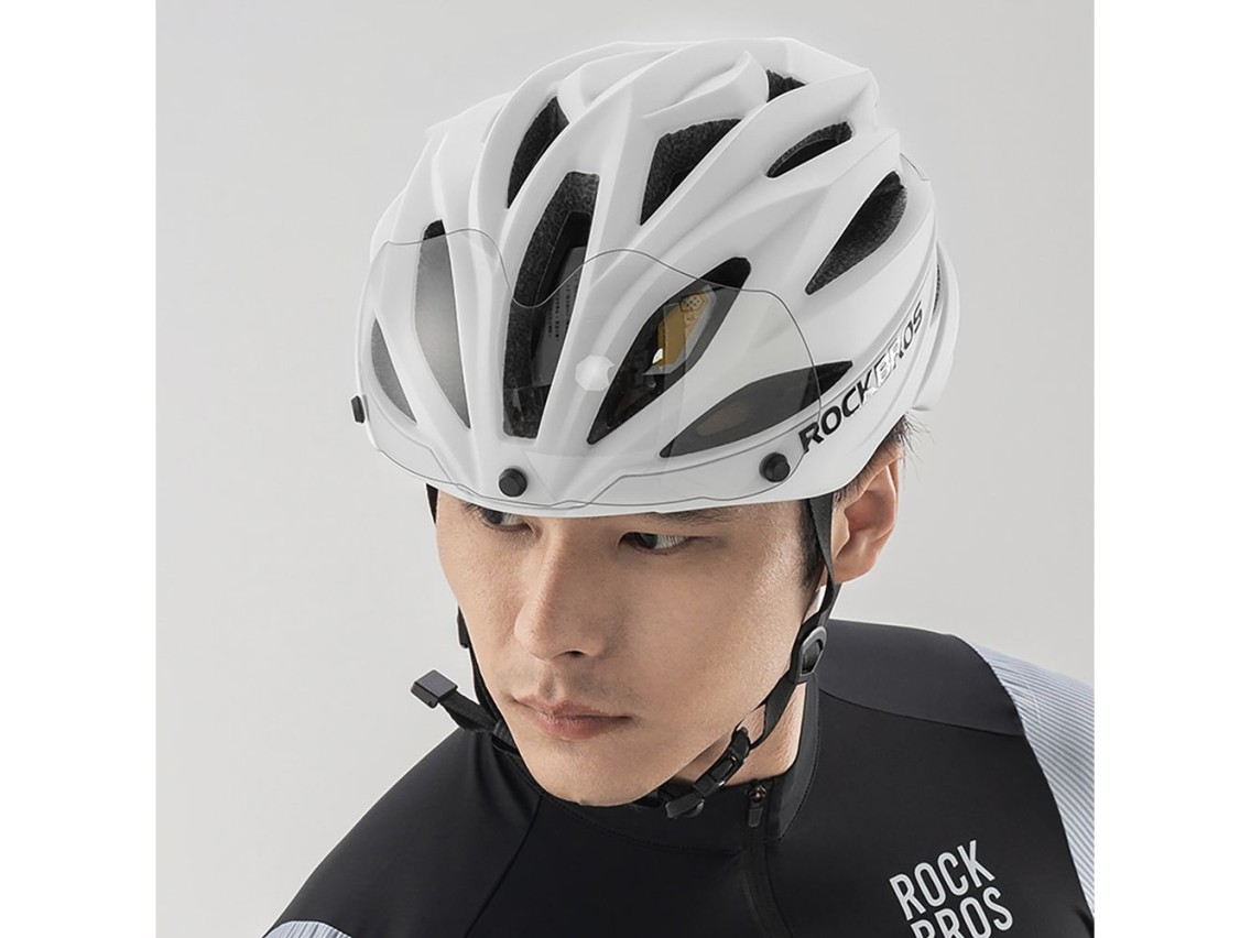 Capacete de ciclismo Rockbros com viseira, óculos de proteção UV removíveis, unissex, branco brilhan