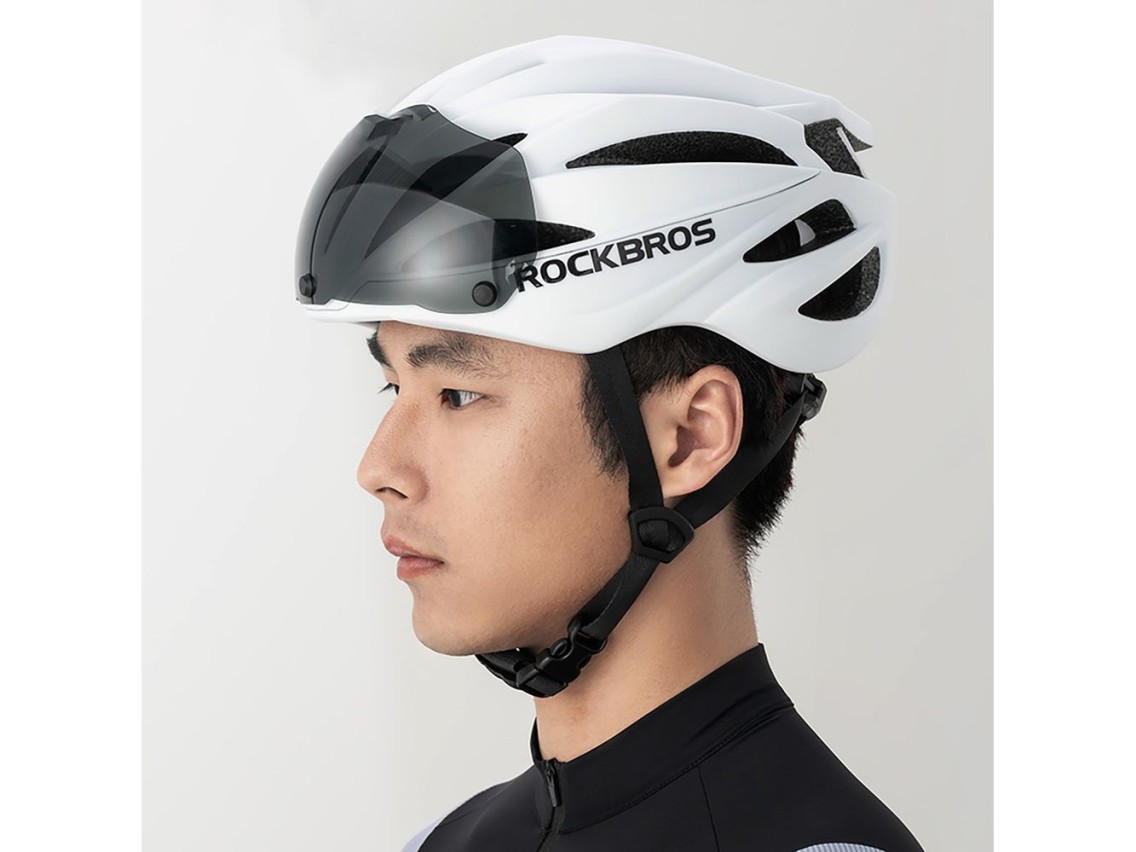 Rockbros Bike Helmet with Visor, Detachable UV Protective Goggles, Unisex, Matte - White