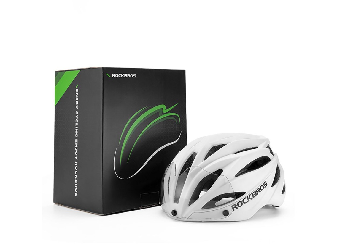 Rockbros Bike Helmet with Visor, Detachable UV Protective Goggles, Unisex, Matte - White
