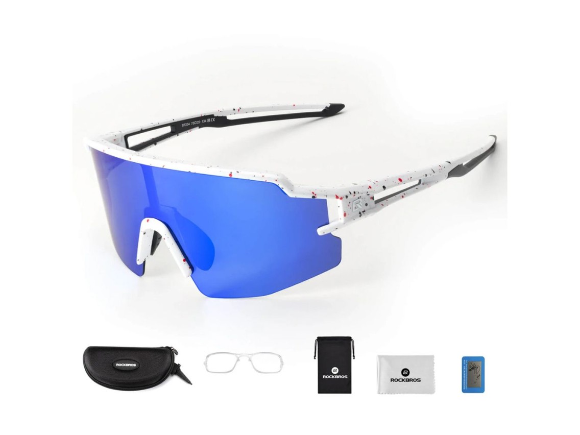 Óculos de ciclismo polarizados Rockbros com proteção UV e lentes corretivas azuis - Branco