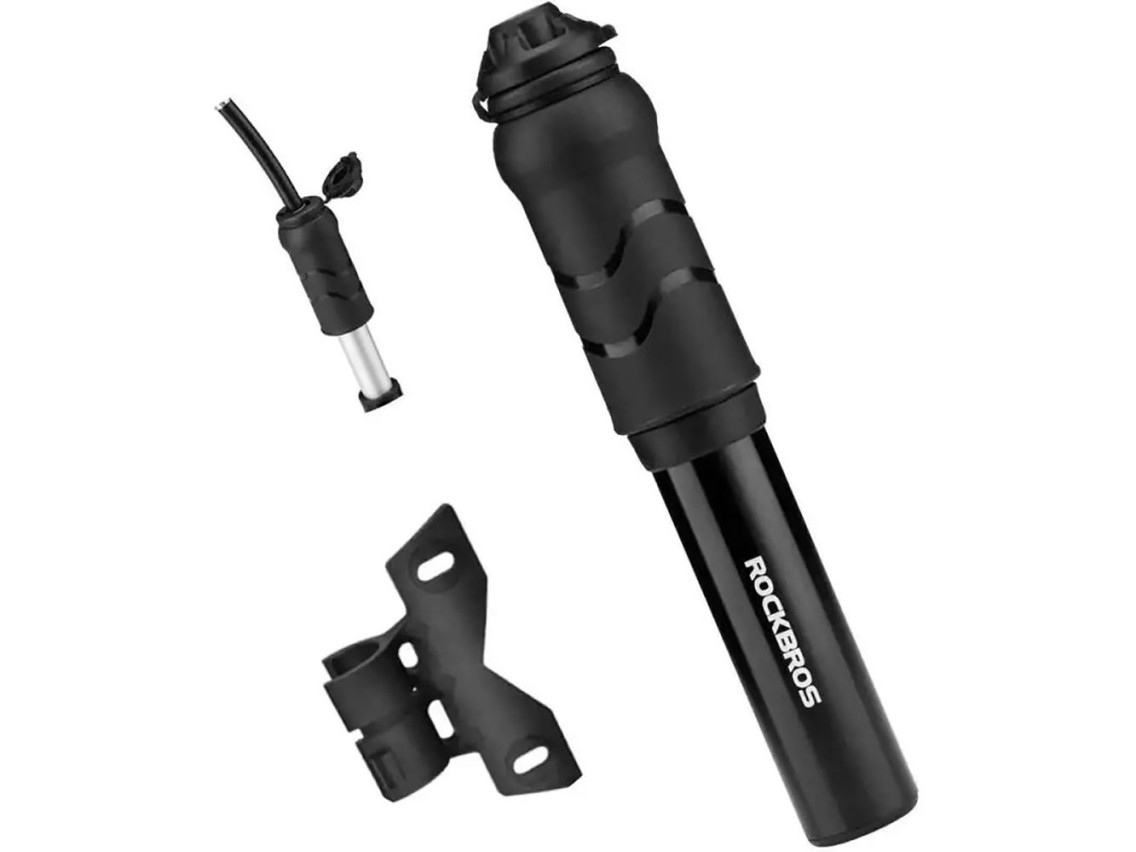 Mini bomba manual para bicicleta Rockbros 810PCS-HP com mangueiras Presta e Schrader - Preta